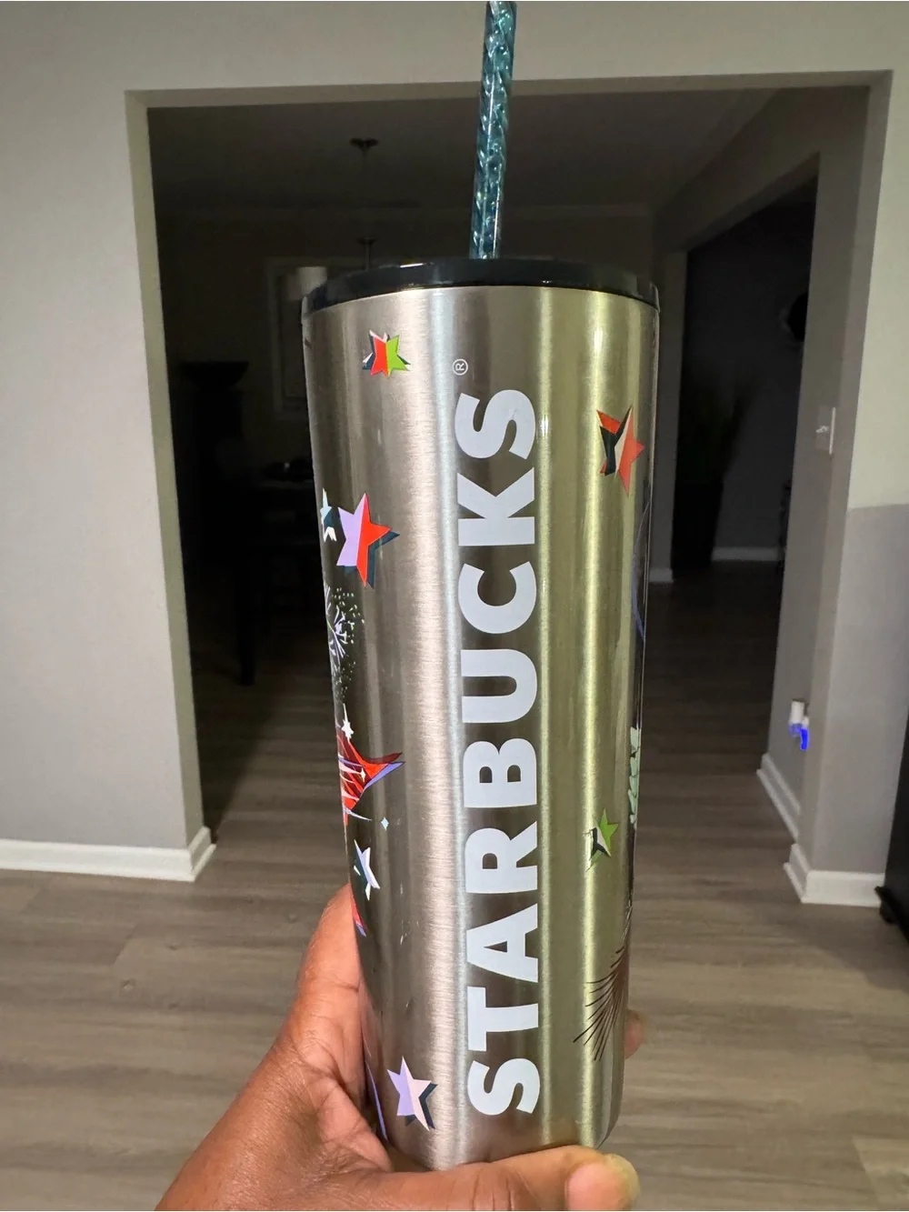 Starbucks Silver Stainless Travel Tumbler with Multicolor Star Accents
